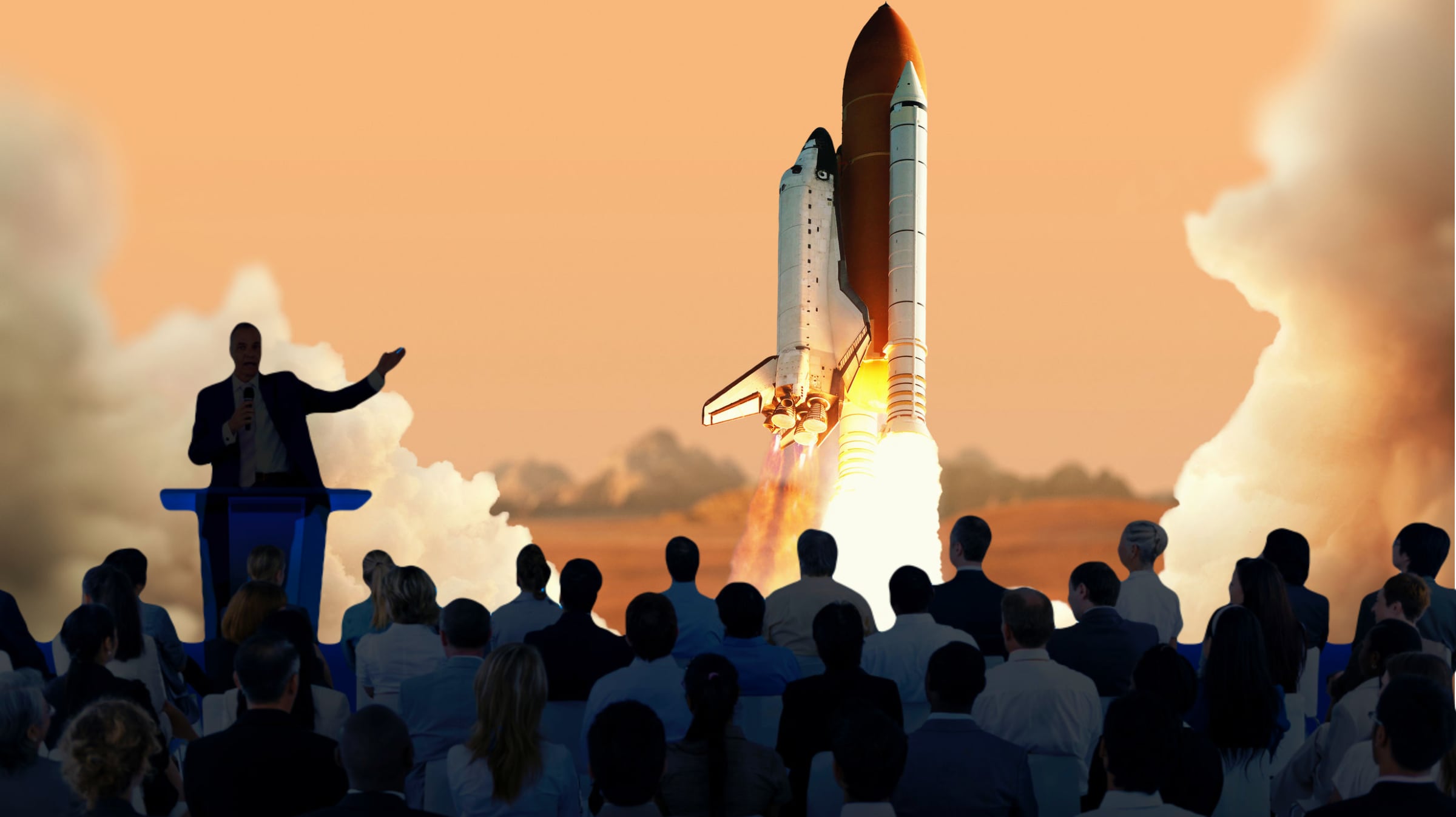 Space shuttle launching on screen behind silhouetted presenter and audience