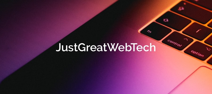 Decorative image of MacBook with JustGreatWebTech  title on it